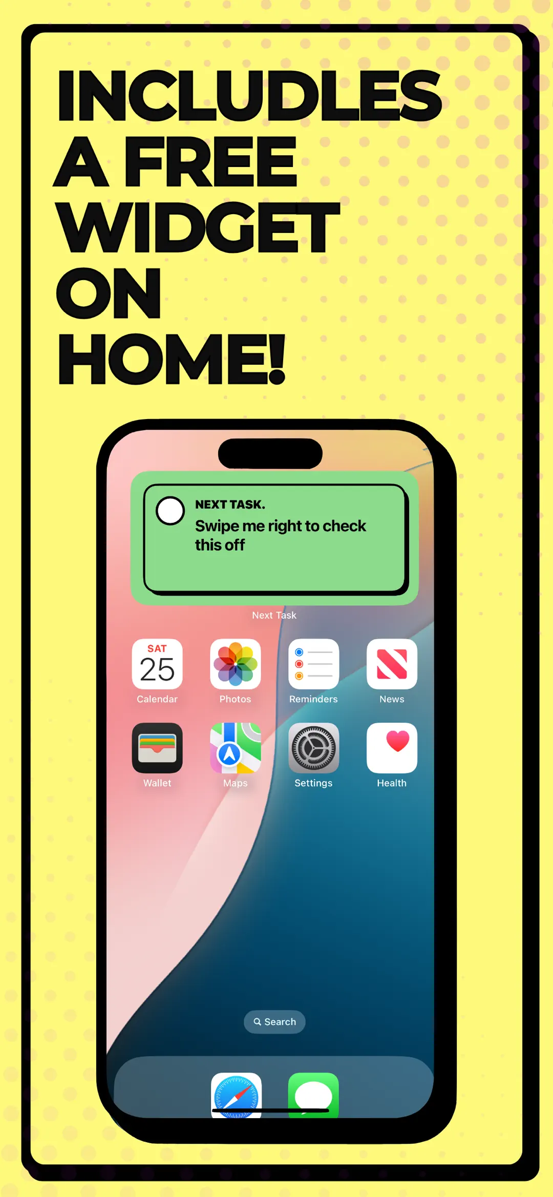 The Next Task widget on an iPhone home screen showing the next task